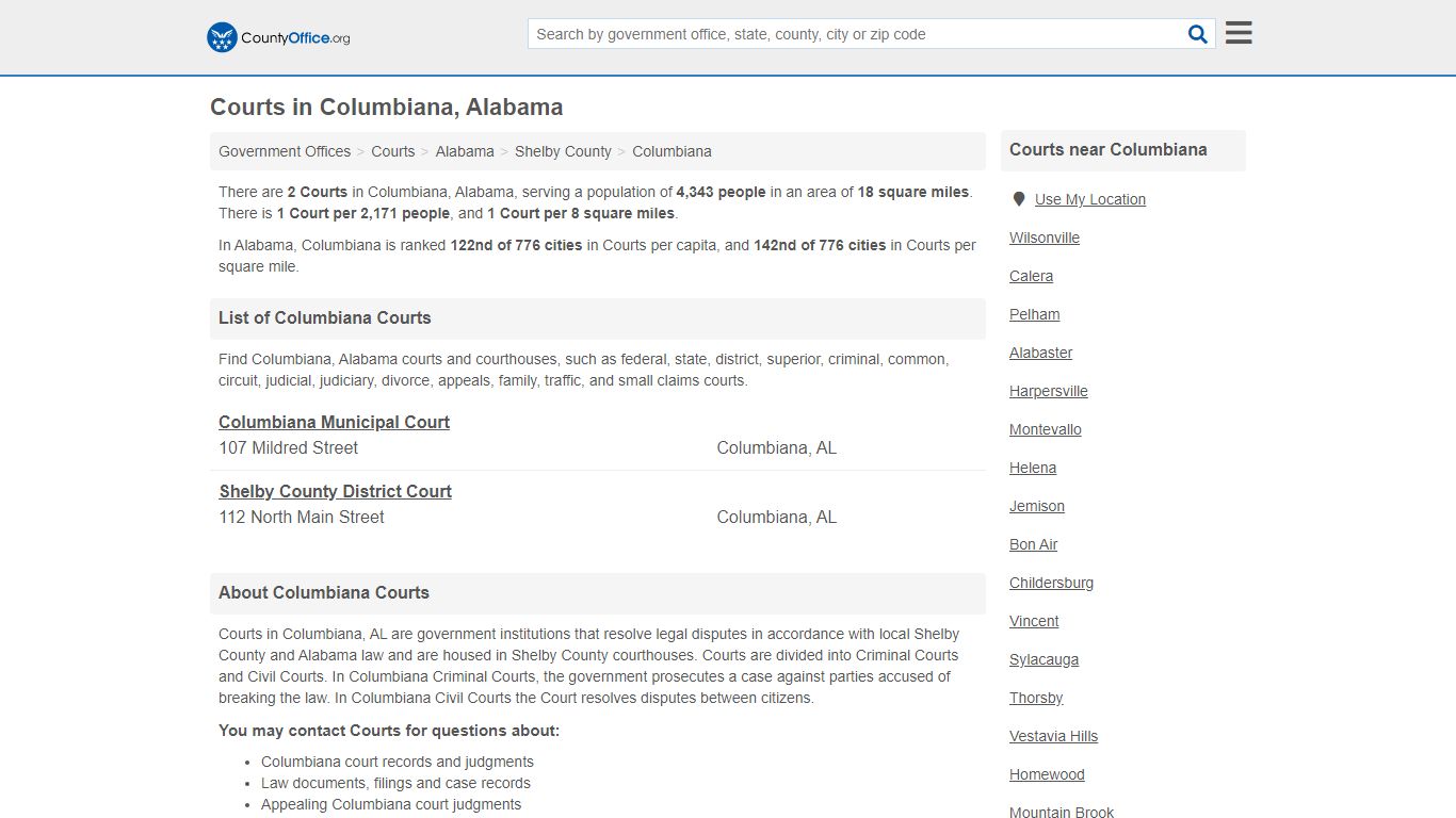 Courts - Columbiana, AL (Court Records & Calendars) - County Office